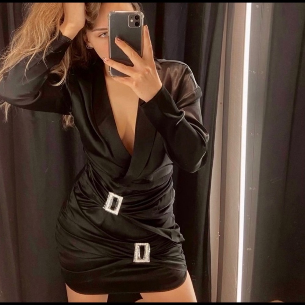 ZARA NWT/D JR Wom S Blk Satin 2-Rhinestone Buckle Ruche Sexy Lowcut Fitted Dress